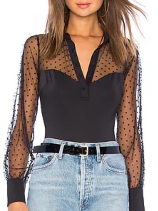 Thistle and Spire Tops - Thistle and Spire - Meserole Polka dot mesh long sleeve bodysuit. Small. Black